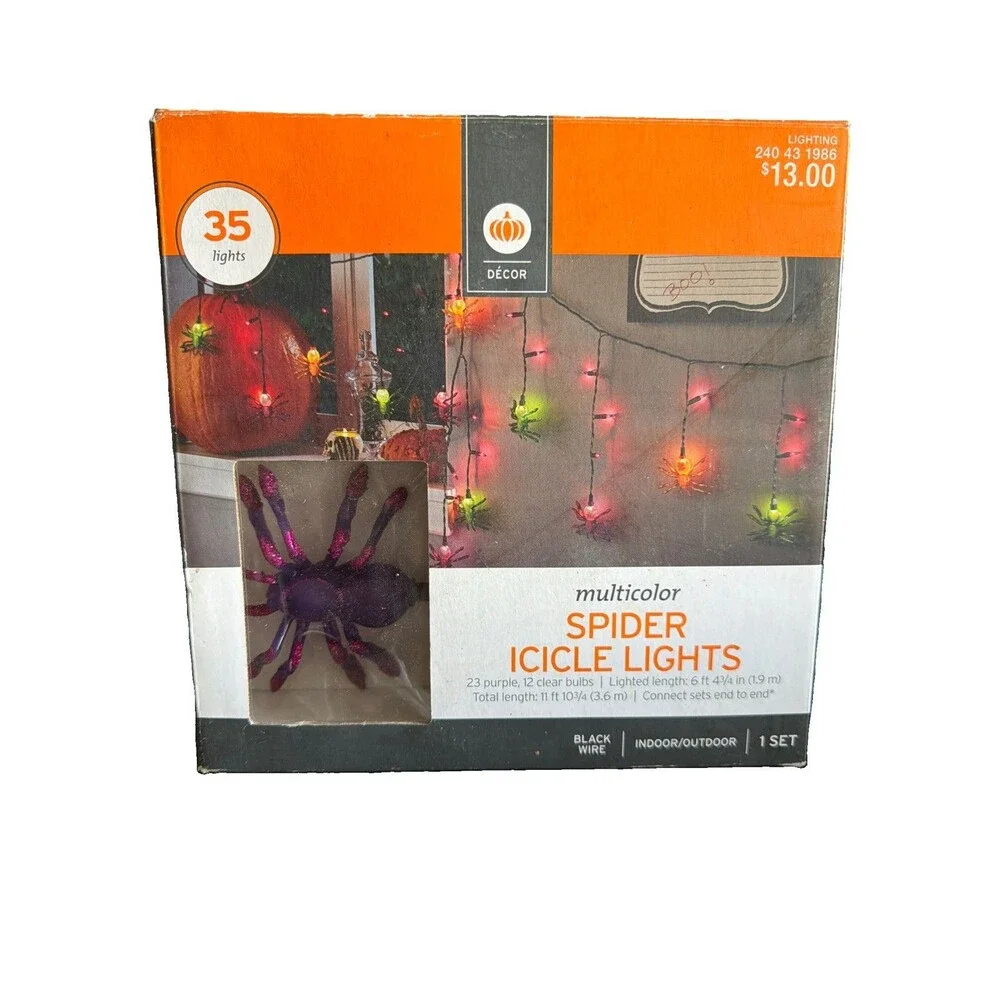 Hyde And Eek! Halloween Spider Icicle Lights Purple & Clear Blubs 12 Spiders2016